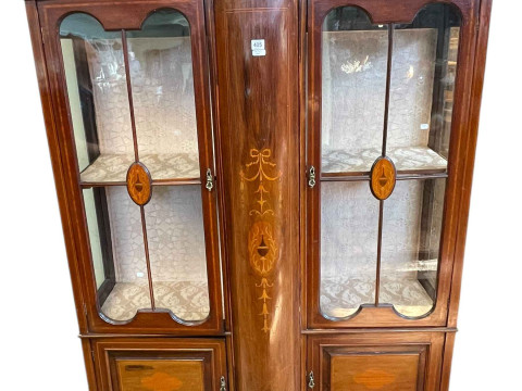 Edwardian inlaid mahogany vitrine having two glazed panel doors above...