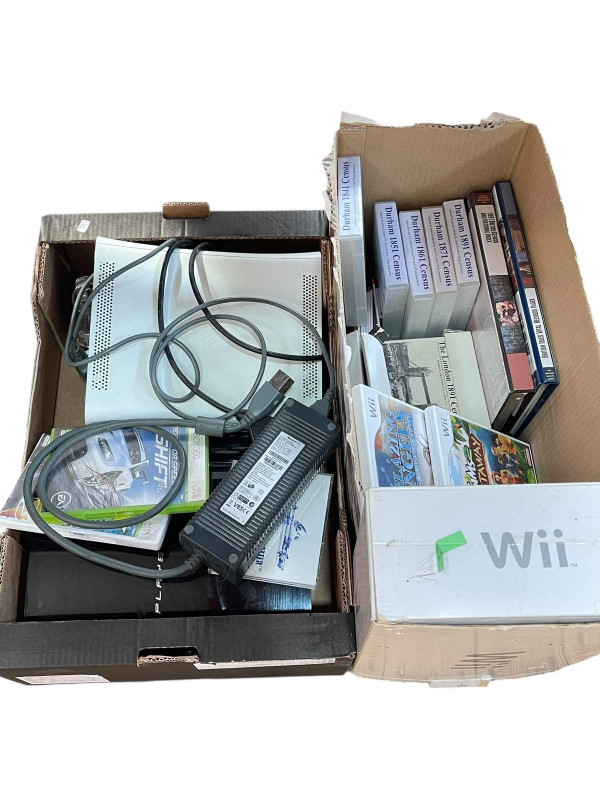 Nintendo Wii and game, Playstation 3, XBox 360 and accessories, family census computer CDS, etc.