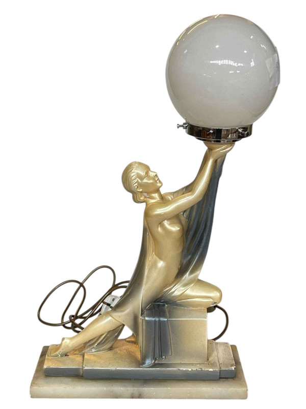 Art Deco style lady table lamp on marble base with a globe shade, 52cm high.