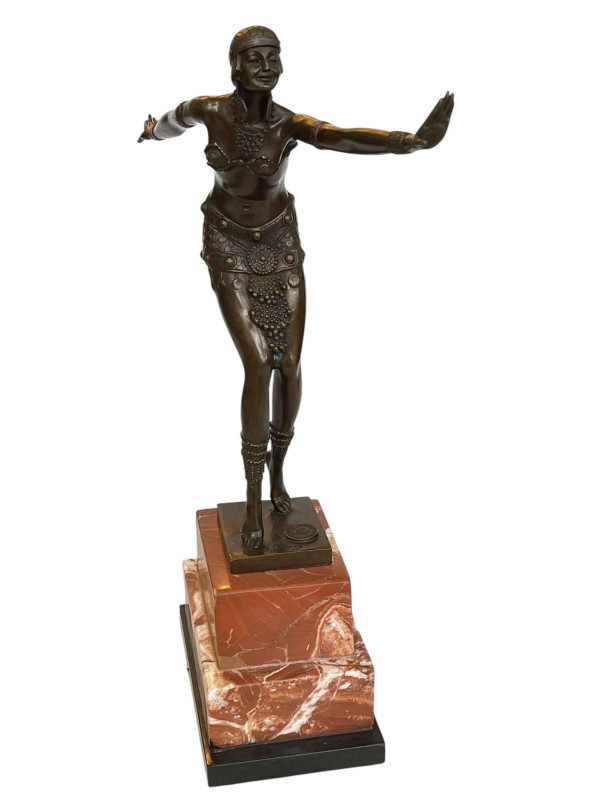 Art Deco style bronze of dancing lady on marble plinth, 48cm.