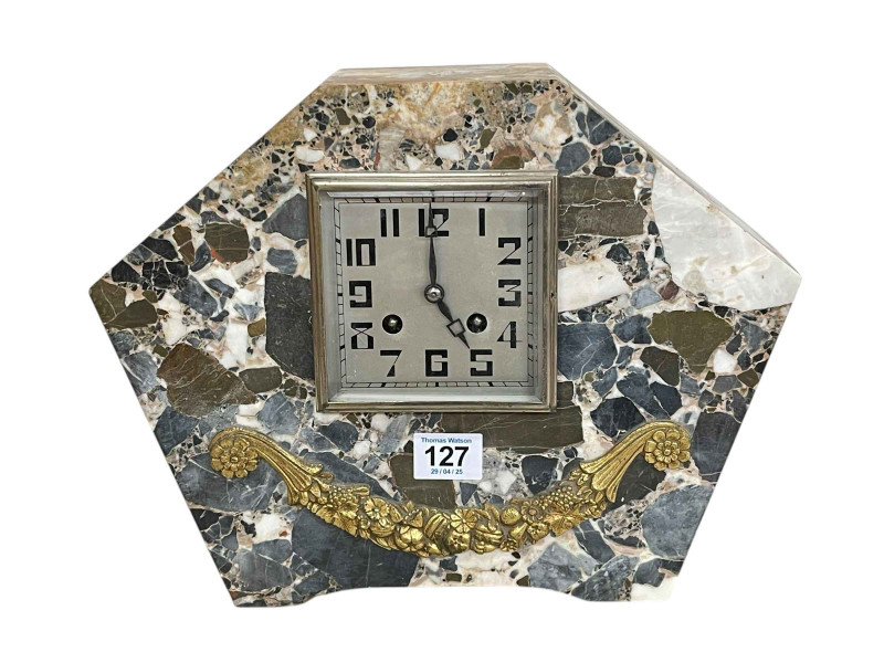 Art Deco style marble mantel clock, 26cm high.