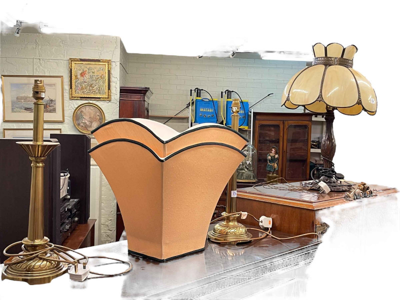 Tiffany style table lamp and shade and pair brass table lamps and pair shades (5).
