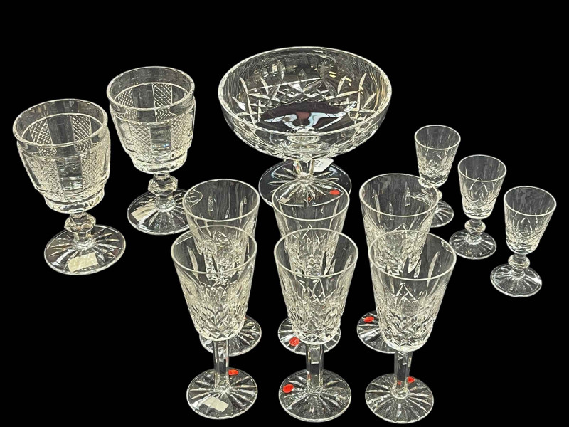 Set of six Waterford Crystal 'Lismore' liqueur glass, three matching Port glasses and pedestal compote, and pair of Waterford 'Hibernia' Claret glasses.