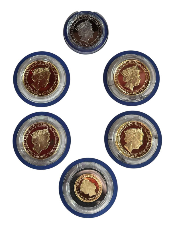 Royal Air Force The Battle of Britain coin set. Including 9ct two crowns gold coin (8g) and five layered in pure 24ct fairmined gold proof coins. With COAs.