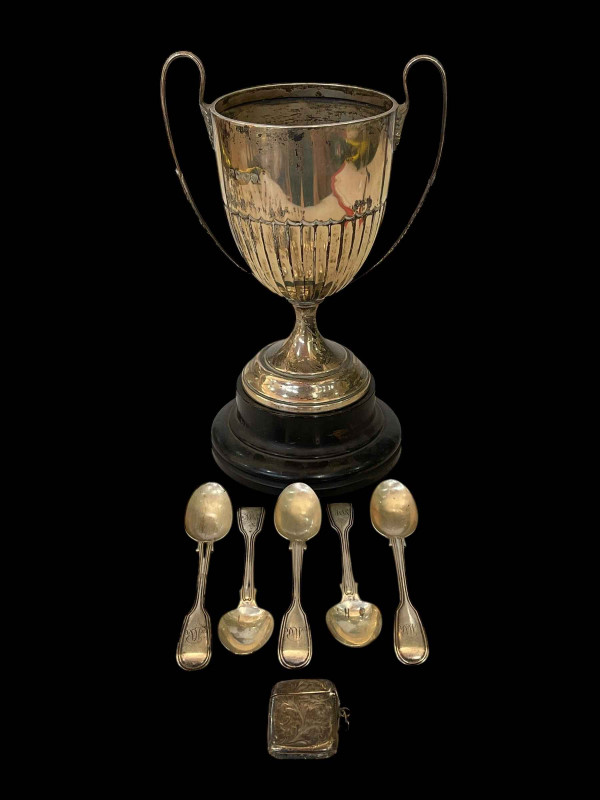Silver trophy cup, Chester 1920, five silver teaspoons, and silver vesta (3).