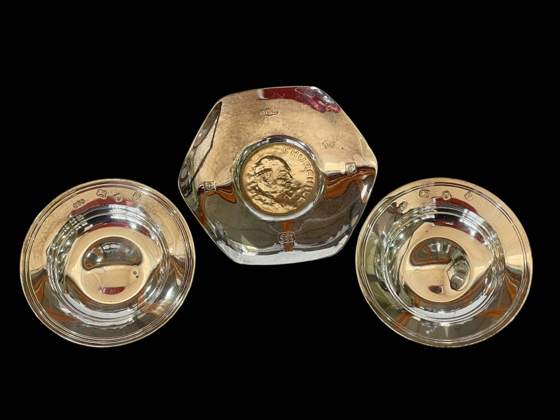 Two small silver replica Armada dishes, and silver Churchill pin tray (3).
