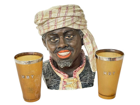 Pottery tobacco jar depicting Moorish man's head and pair of Scottish...