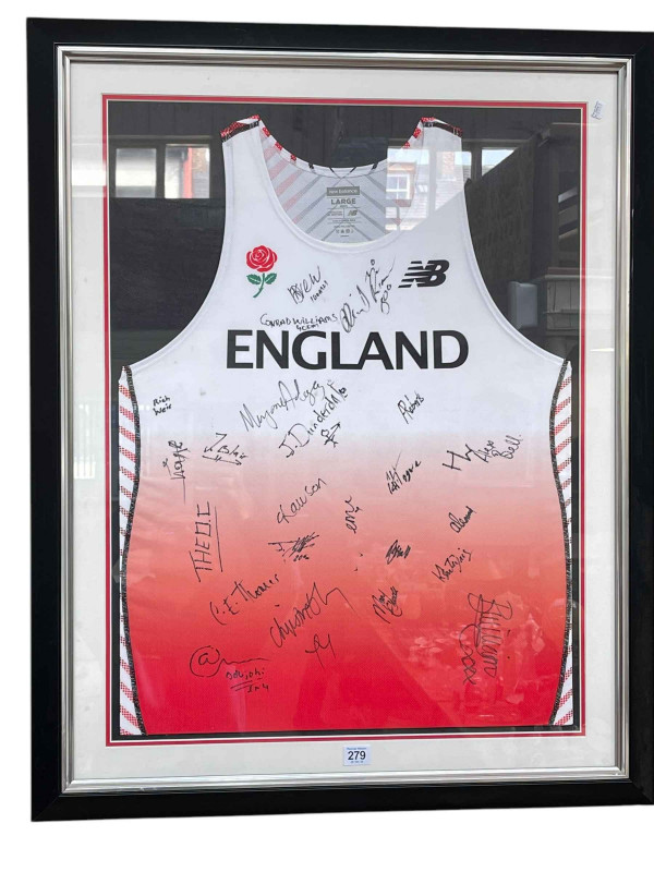 England Athletics competition vest signed by the full squad who competed in Australia.
