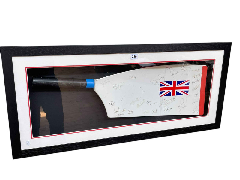 GB rowing oar blade signed by RIO 2016 team GB rowing squad. Donated by GB rowing Olympic medallist Kat Copeland.