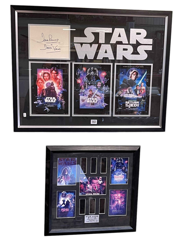 Star Wars framed memorabilia inc signed clipping ' Dave Prowse is Darth Vader'. Together with Star Wars Saga original 35mm film cell presentation limited edition 745 / 1000.