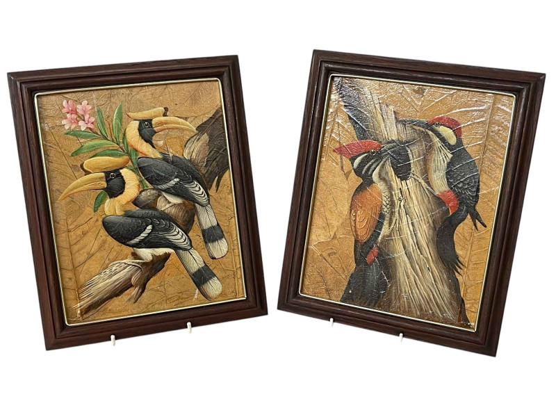 Pair framed oils on board depicting two pairs of exotic birds, 24cm by 19cm.