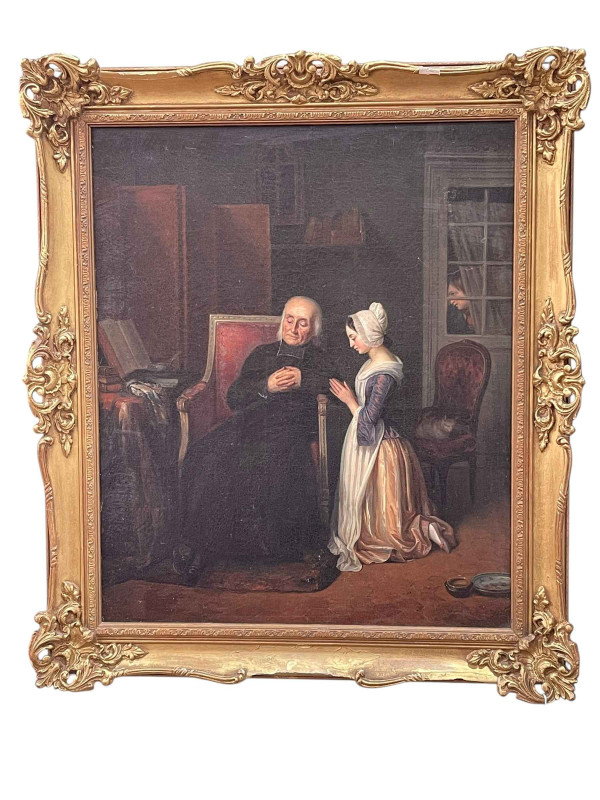 19th Century Continental oil on canvas depicting a young lady at confession, 60cm by 50cm, in gilt frame.