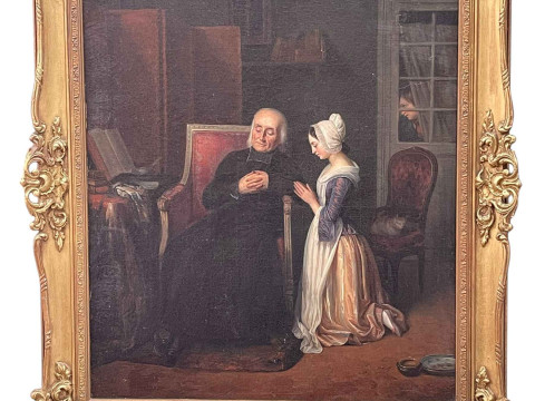 19th Century Continental oil on canvas depicting a young lady at confession,...