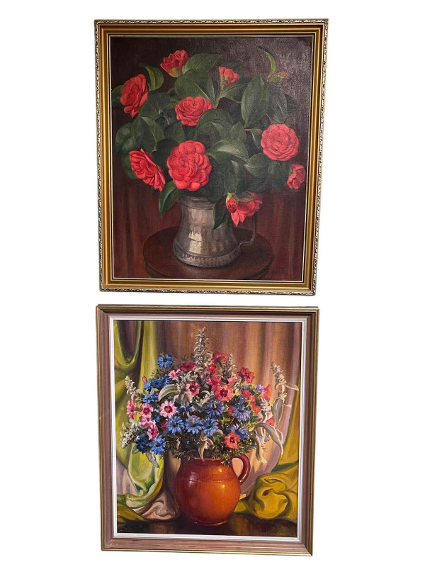 Waldron West, two still life oils on canvas, both signed lower right, 59.5cm by 49.5cm, both framed.