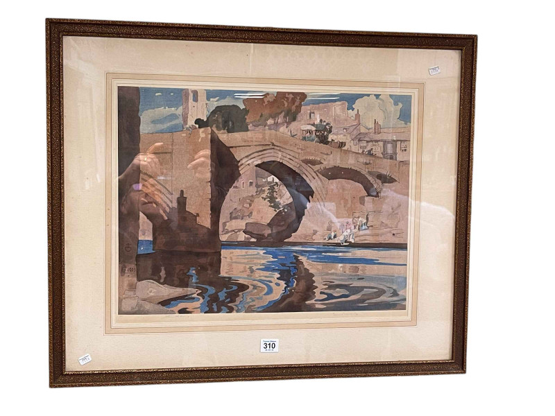 Urushibara, Barnard Castle, After Frank Brangwyn, signed proof, 37.5cm by 49.5cm, in glazed frame, label verso.