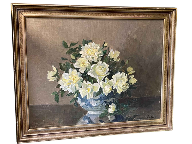 John Bulloch Souter (1890-1971), Still Life White Roses, oil on board, signed lower right, 34cm by 44.5cm, framed. *ARR (Artists Resale Royalty Charge) may apply to this lot*.