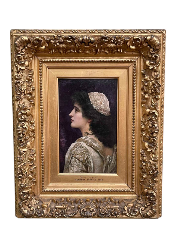 Herbert Schmazz (1856-1935), Head of a Girl, signed top right, oil on board, titled and dated 1893, 19.5cm by 12cm, in gilt frame. Provenance; private owner bought from TB & R Jordan 1986.