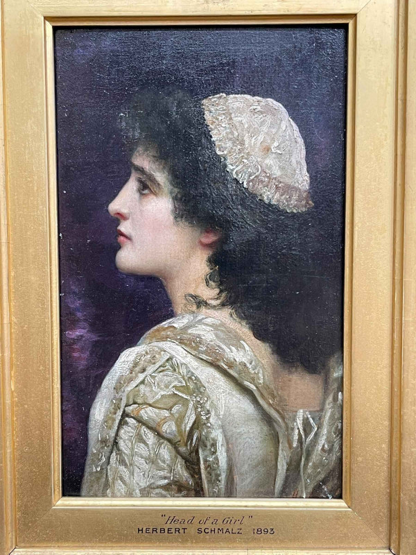 Herbert Schmazz (1856-1935), Head of a Girl, signed top right, oil on board, titled and dated 1893, 19.5cm by 12cm, in gilt frame. Provenance; private owner bought from TB & R Jordan 1986.