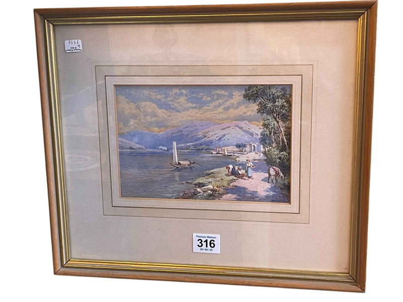 Charles Rowbotham (1856-1921), Continental Lake Scene, Gouache, signed lower right, 13cm by 19cm, in gilt glazed frame.