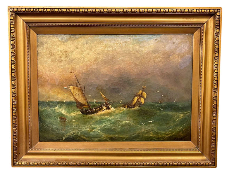 Bernard Benedict Hemy (1845-1913), Sailing Boats on a Stormy Sea, oil on canvas, signed lower right, 31cm by 45cm, in gilt frame.