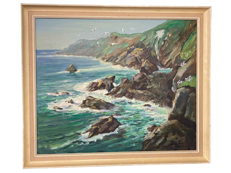 Cornish School, Rocky Coastline, oil on canvas, monogrammed lower right, 49cm by 59cm, framed.