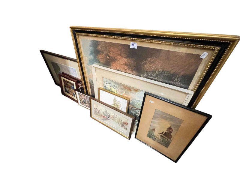 Collection of eighteen various pictures and prints including C Pyne watercolour, R Bradley watercolour, framed watercolours, oil on board, needlework, photo's, etc.