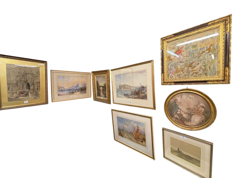 Collection of eighteen various pictures and prints including C Pyne watercolour, R Bradley watercolour, framed watercolours, oil on board, needlework, photo's, etc.
