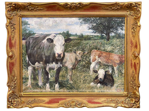 Edith May circa 1950, Beasts in Top Lane Acre, oil on canvas, 29.5cm by...
