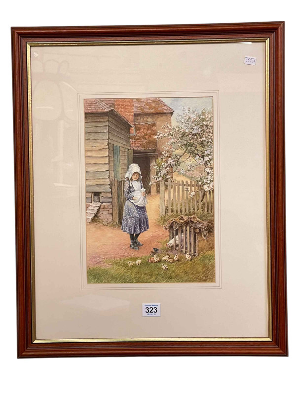 John Cecil Lund, Feeding the Chicks, watercolour, signed lower right, 31cm by 21.5cm, framed.