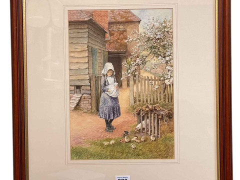 John Cecil Lund, Feeding the Chicks, watercolour, signed lower right,...