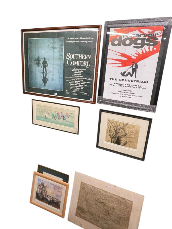 Seven various pictures including Southern Comfort film poster, Reservoir Dogs Soundtrack poster, watercolour of a Hawk, River Thames map print, etc.