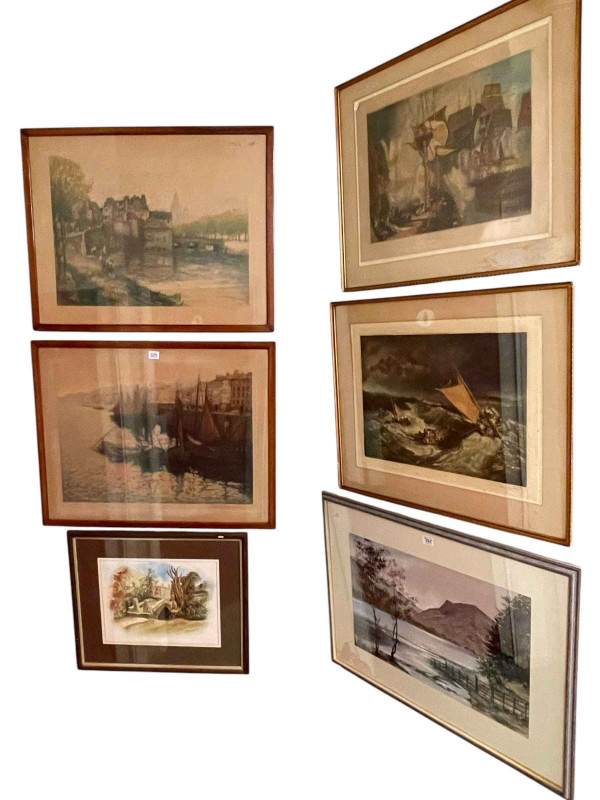 Four framed mezzotints, Lakeland watercolour and Yorkshire Dales watercolour (6).
