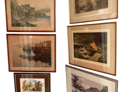 Four framed mezzotints, Lakeland watercolour and Yorkshire Dales watercolour...