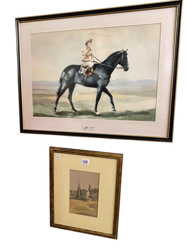 Edward Duncan, Le Croisic - Le Port, framed watercolour and Eric N Day, Gray Sail, Horse & Jockey watercolour.