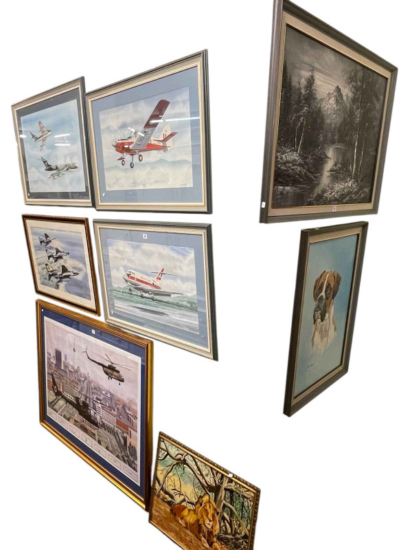 T Donnelly, five military aircraft pictures, fifteen Air Force plaques, Boxer Dog and Lion oils, and landscape oil.