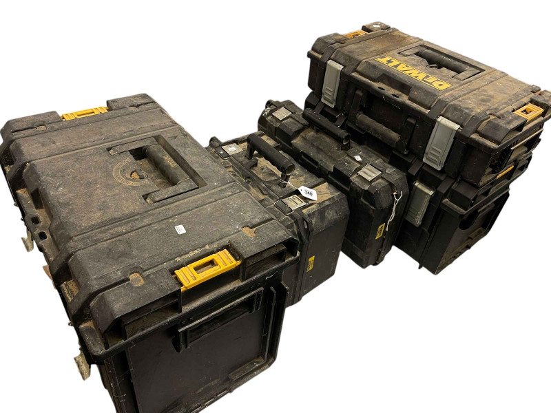 Five De Walt tool boxes and tools, and two Halogen lights.