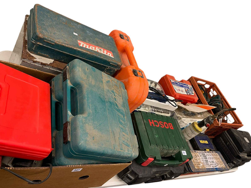 Collection of power tools including Bosch, Makita, etc, drill bits, taps and dies, etc.