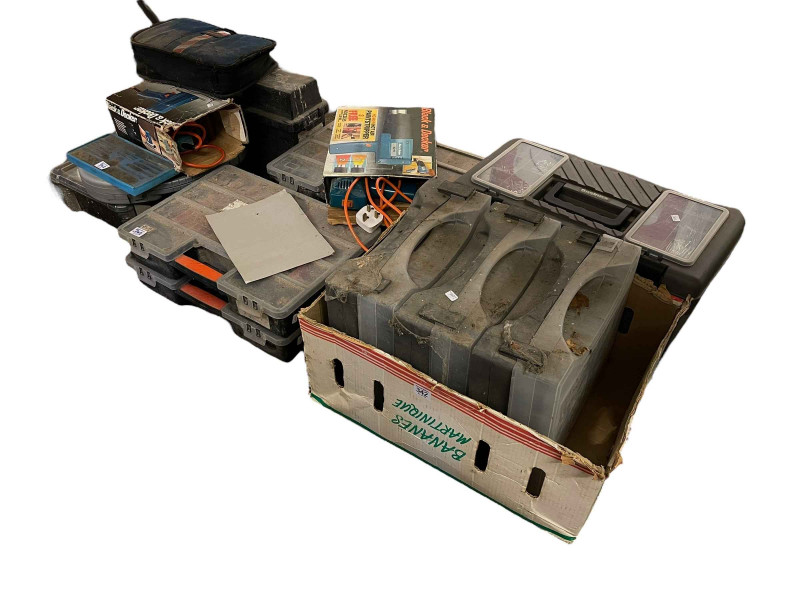 Black & Decker sander and paint stripper, collection of tool boxes and tools.