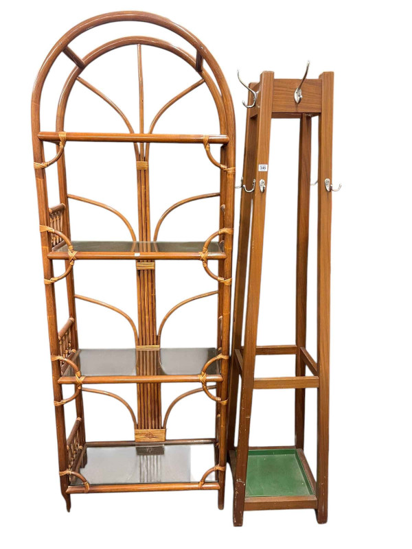Edwardian mahogany extending dining table on ball and claw feet with two leaves and winder, octagonal snap top occasional table on pedestal tripod base and brass lamp with two shades, along with island hat and coat stand and cane four tier shelf unit.