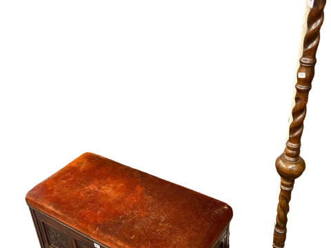 Oak open topped standing corner cabinet, carved walnut box seat and oak twist column standard lamp (3). thumbnail