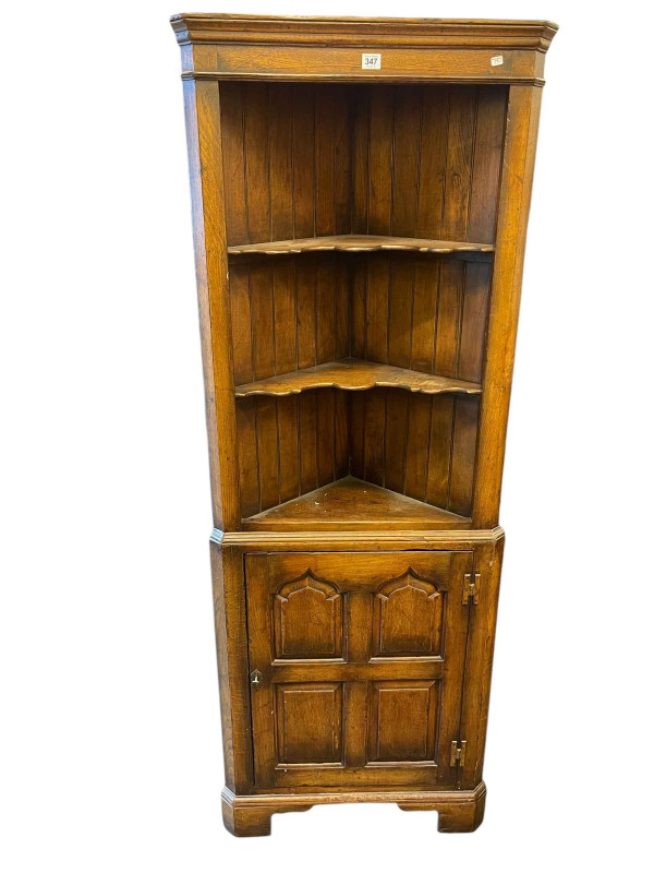 Oak open topped standing corner cabinet, carved walnut box seat and oak twist column standard lamp (3).