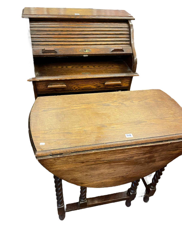 Early 20th Century oak roll top desk-open bookcase, oak barley twist gate leg table and pair Victorian mahogany bar back dining chairs (4).