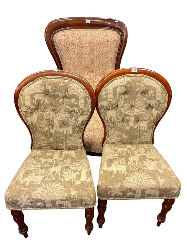 Victorian style mahogany framed armchair and pair spoon back side chairs (3).