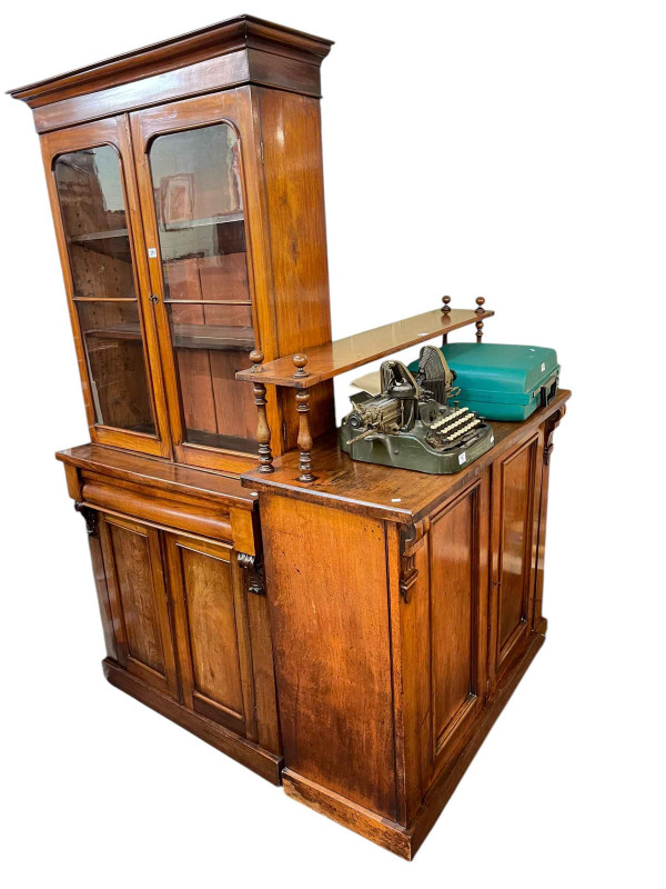 Victorian mahogany four door cabinet bookcase 198cm by 96cm by 38cm, and Victorian mahogany two door chiffonier with raised shelf back, 129cm by 112cm by 48cm (2).