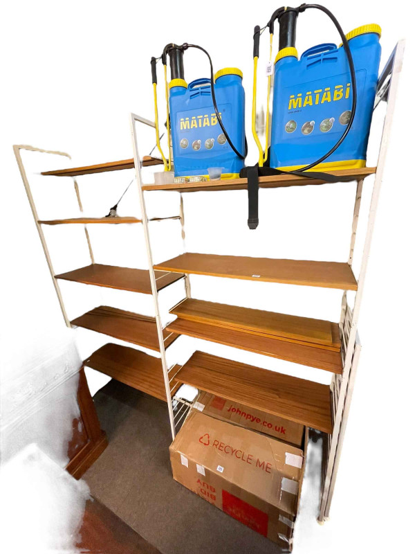 White and teak three section ladder rack unit.