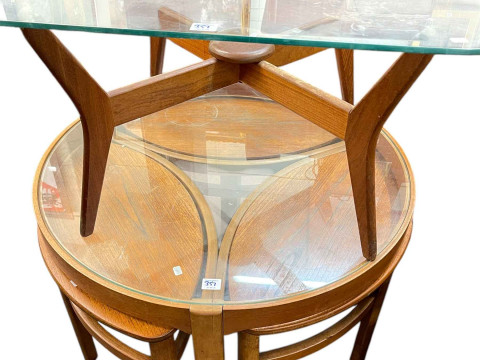 A Younger Ltd mid Century teak long john sideboard, circular teak glazed top coffee table nest of tables and teak glazed top coffee table (3). thumbnail