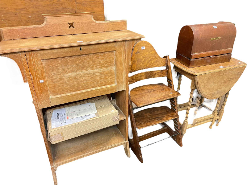 Early 20th Century stripped oak bureau-open bookcase, Stokke TrippTrapp child's chair, oak gate leg table and vintage Singer hand sewing machine (4).
