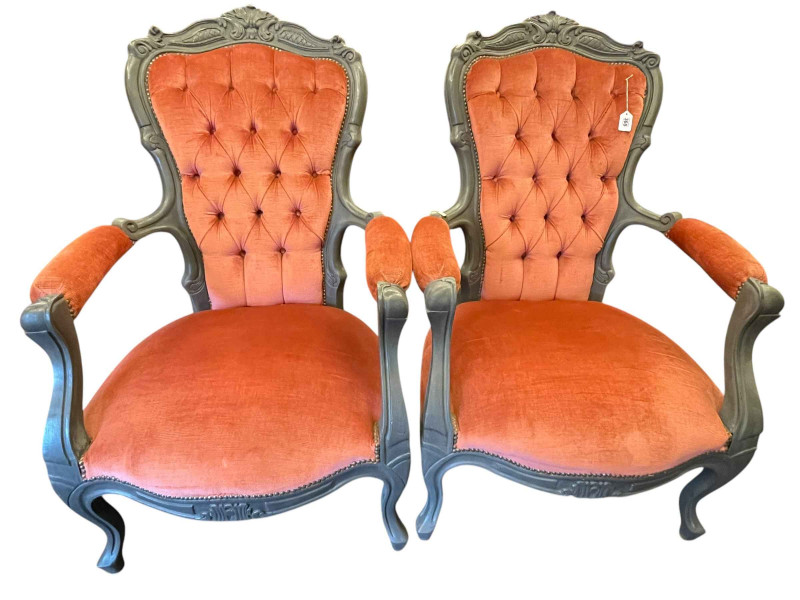 Pair painted open armchairs in rose pink buttoned draylon.