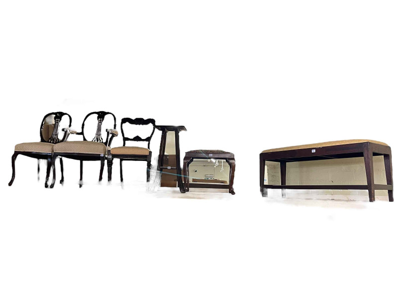 Victorian occasional armchair, two side chairs, double stool cabriole leg stool and occasional table (6).