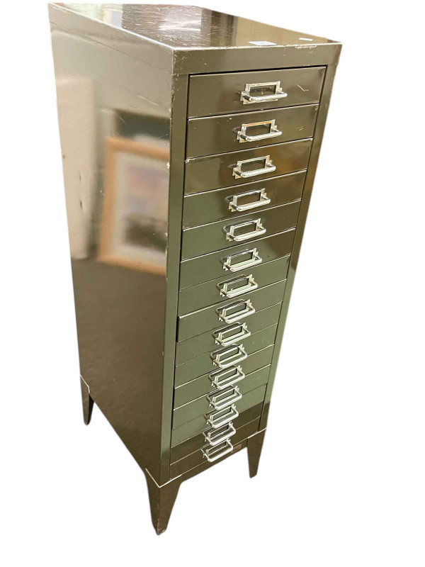 Fifteen drawer steel index cabinet, 99cm 29cm by 39cm.